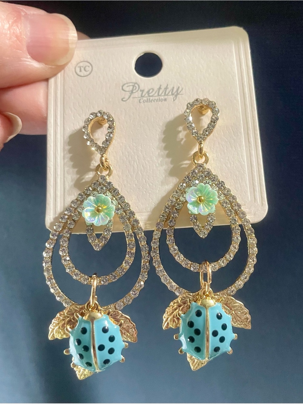 Pretty Collection Gold Teardrop Earrings with Turquoise Ladybug Charm